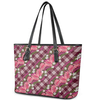 Polynesian Monstera Tiare Floral Leather Tote Bag Fuchsia Tropical Plaid - Polynesian Pride