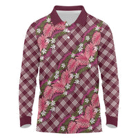 Polynesian Monstera Tiare Floral Long Sleeve Polo Shirt Fuchsia Tropical Plaid - Polynesian Pride