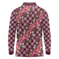 Polynesian Monstera Tiare Floral Long Sleeve Polo Shirt Fuchsia Tropical Plaid - Polynesian Pride