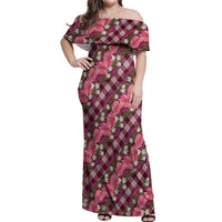 Polynesian Monstera Tiare Floral Off Shoulder Maxi Dress Fuchsia Tropical Plaid - Polynesian Pride