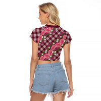 Polynesian Monstera Tiare Floral Raglan Cropped T Shirt Fuchsia Tropical Plaid - Polynesian Pride