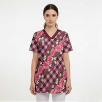 Polynesian Monstera Tiare Floral Scrub Top Fuchsia Tropical Plaid - Polynesian Pride