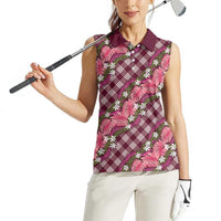 Polynesian Monstera Tiare Floral Women Sleeveless Polo Shirt Fuchsia Tropical Plaid - Polynesian Pride
