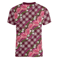Polynesian Monstera Tiare Floral Women V-Neck T-Shirt Fuchsia Tropical Plaid - Polynesian Pride