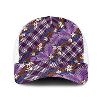 Polynesian Monstera Tiare Floral Baseball Net Cap Lavender Tropical Plaid - Polynesian Pride