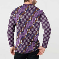 Polynesian Monstera Tiare Floral Button Sweatshirt Lavender Tropical Plaid - Polynesian Pride