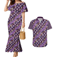 Polynesian Monstera Tiare Floral Couples Matching Mermaid Dress and Hawaiian Shirt Lavender Tropical Plaid - Polynesian Pride