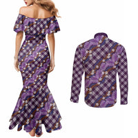 Polynesian Monstera Tiare Floral Couples Matching Mermaid Dress and Long Sleeve Button Shirt Lavender Tropical Plaid - Polynesian Pride