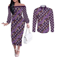 Polynesian Monstera Tiare Floral Couples Matching Off The Shoulder Long Sleeve Dress and Long Sleeve Button Shirt Lavender Tropical Plaid - Polynesian Pride