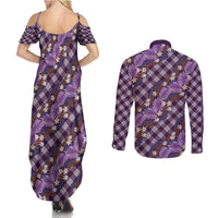 Polynesian Monstera Tiare Floral Couples Matching Summer Maxi Dress and Long Sleeve Button Shirt Lavender Tropical Plaid - Polynesian Pride