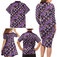Polynesian Monstera Tiare Floral Family Matching Long Sleeve Bodycon Dress and Hawaiian Shirt Lavender Tropical Plaid - Polynesian Pride