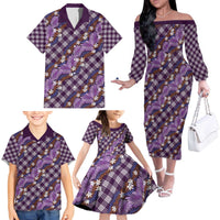 Polynesian Monstera Tiare Floral Family Matching Off The Shoulder Long Sleeve Dress and Hawaiian Shirt Lavender Tropical Plaid - Polynesian Pride
