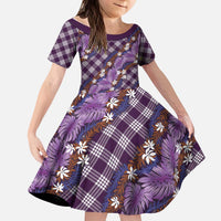 Polynesian Monstera Tiare Floral Kid Short Sleeve Dress Lavender Tropical Plaid - Polynesian Pride