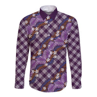Polynesian Monstera Tiare Floral Long Sleeve Button Shirt Lavender Tropical Plaid - Polynesian Pride