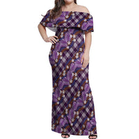 Polynesian Monstera Tiare Floral Off Shoulder Maxi Dress Lavender Tropical Plaid - Polynesian Pride