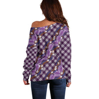 Polynesian Monstera Tiare Floral Off Shoulder Sweater Lavender Tropical Plaid LT01 - Polynesian Pride