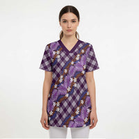 Polynesian Monstera Tiare Floral Scrub Top Lavender Tropical Plaid - Polynesian Pride