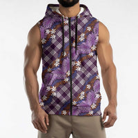 Polynesian Monstera Tiare Floral Sleeveless Zip Hoodie Lavender Tropical Plaid - Polynesian Pride