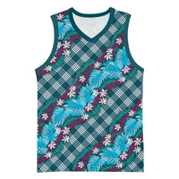 Polynesian Monstera Tiare Floral Basketball Jersey Dark Teal Tropical Plaid - Polynesian Pride
