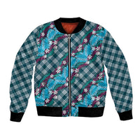 Polynesian Monstera Tiare Floral Bomber Jacket Dark Teal Tropical Plaid - Polynesian Pride
