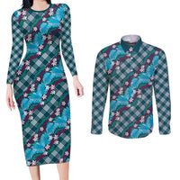 Polynesian Monstera Tiare Floral Couples Matching Long Sleeve Bodycon Dress and Long Sleeve Button Shirt Dark Teal Tropical Plaid - Polynesian Pride