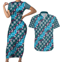 Polynesian Monstera Tiare Floral Couples Matching Short Sleeve Bodycon Dress and Hawaiian Shirt Dark Teal Tropical Plaid - Polynesian Pride