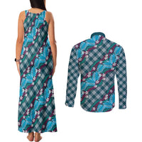 Polynesian Monstera Tiare Floral Couples Matching Tank Maxi Dress and Long Sleeve Button Shirt Dark Teal Tropical Plaid - Polynesian Pride