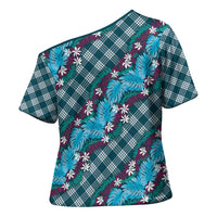 Polynesian Monstera Tiare Floral Cross Shoulder Shirt Dark Teal Tropical Plaid - Polynesian Pride