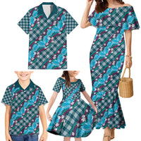 Polynesian Monstera Tiare Floral Family Matching Mermaid Dress and Hawaiian Shirt Dark Teal Tropical Plaid - Polynesian Pride