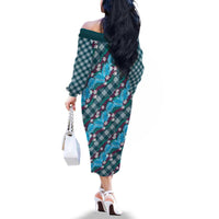 Polynesian Monstera Tiare Floral Family Matching Off The Shoulder Long Sleeve Dress and Hawaiian Shirt Dark Teal Tropical Plaid - Polynesian Pride