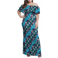 Polynesian Monstera Tiare Floral Family Matching Off Shoulder Maxi Dress and Hawaiian Shirt Dark Teal Tropical Plaid - Polynesian Pride