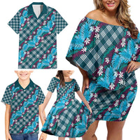 Polynesian Monstera Tiare Floral Family Matching Off Shoulder Short Dress and Hawaiian Shirt Dark Teal Tropical Plaid - Polynesian Pride