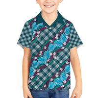Polynesian Monstera Tiare Floral Family Matching Puletasi and Hawaiian Shirt Dark Teal Tropical Plaid - Polynesian Pride