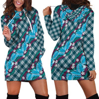 Polynesian Monstera Tiare Floral Hoodie Dress Dark Teal Tropical Plaid - Polynesian Pride