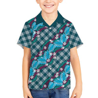 Polynesian Monstera Tiare Floral Kid Hawaiian Shirt Dark Teal Tropical Plaid - Polynesian Pride