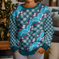 Polynesian Monstera Tiare Floral Kid Ugly Christmas Sweater Dark Teal Tropical Plaid - Polynesian Pride