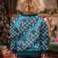 Polynesian Monstera Tiare Floral Kid Ugly Christmas Sweater Dark Teal Tropical Plaid - Polynesian Pride