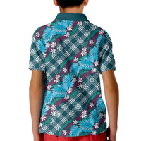 Polynesian Monstera Tiare Floral Kid Polo Shirt Dark Teal Tropical Plaid - Polynesian Pride