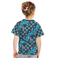 Polynesian Monstera Tiare Floral Kid T Shirt Dark Teal Tropical Plaid - Polynesian Pride