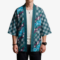 Polynesian Monstera Tiare Floral Kimono Dark Teal Tropical Plaid - Polynesian Pride