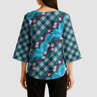 Polynesian Monstera Tiare Floral Kimono Sleeve Blouse Dark Teal Tropical Plaid - Polynesian Pride