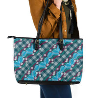 Polynesian Monstera Tiare Floral Leather Tote Bag Dark Teal Tropical Plaid - Polynesian Pride
