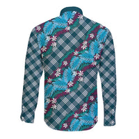 Polynesian Monstera Tiare Floral Long Sleeve Button Shirt Dark Teal Tropical Plaid - Polynesian Pride
