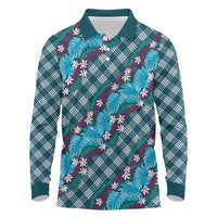 Polynesian Monstera Tiare Floral Long Sleeve Polo Shirt Dark Teal Tropical Plaid - Polynesian Pride