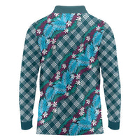 Polynesian Monstera Tiare Floral Long Sleeve Polo Shirt Dark Teal Tropical Plaid - Polynesian Pride