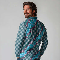 Polynesian Monstera Tiare Floral Long Sleeve Polo Shirt Dark Teal Tropical Plaid - Polynesian Pride