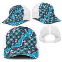 Polynesian Monstera Tiare Floral Mesh Trucker Cap Dark Teal Tropical Plaid LT01 - Polynesian Pride
