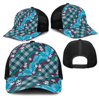 Polynesian Monstera Tiare Floral Mesh Trucker Cap Dark Teal Tropical Plaid LT01 - Polynesian Pride