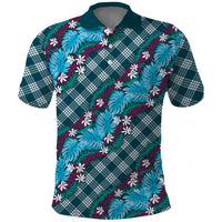 Polynesian Monstera Tiare Floral Polo Shirt Dark Teal Tropical Plaid - Polynesian Pride