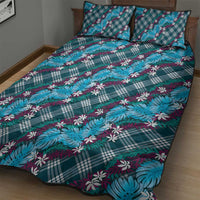 Polynesian Monstera Tiare Floral Quilt Bed Set Dark Teal Tropical Plaid - Polynesian Pride